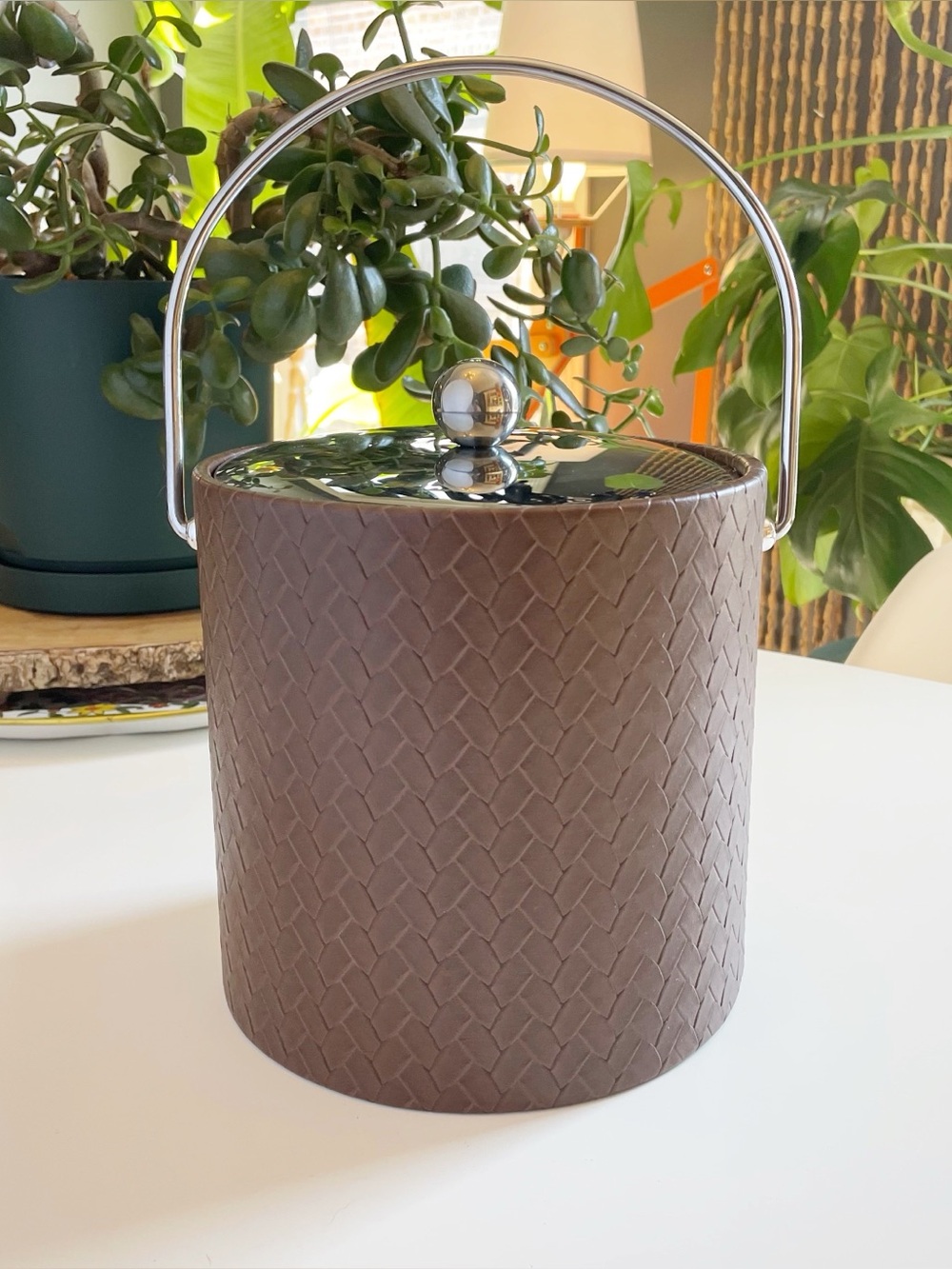 Vintage MCM Kraftsware Brown Braided Leather Ice Bucket | Made in USA